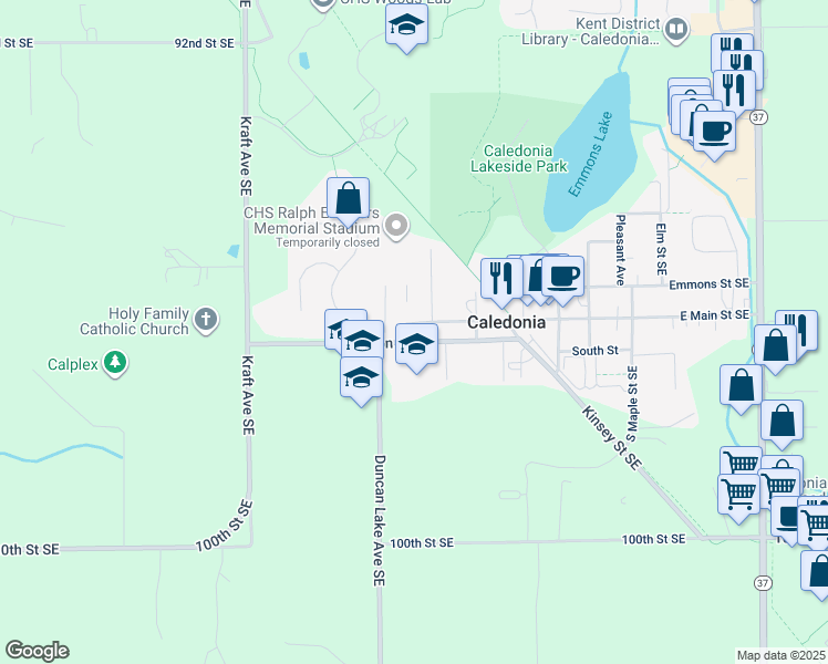 map of restaurants, bars, coffee shops, grocery stores, and more near 320 Johnson Street Southeast in Caledonia