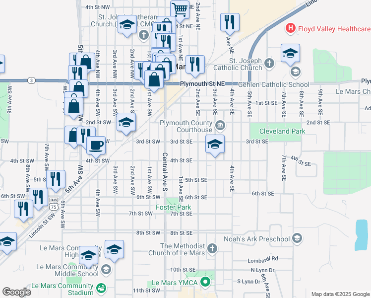 map of restaurants, bars, coffee shops, grocery stores, and more near 320 1st Avenue Southeast in Le Mars