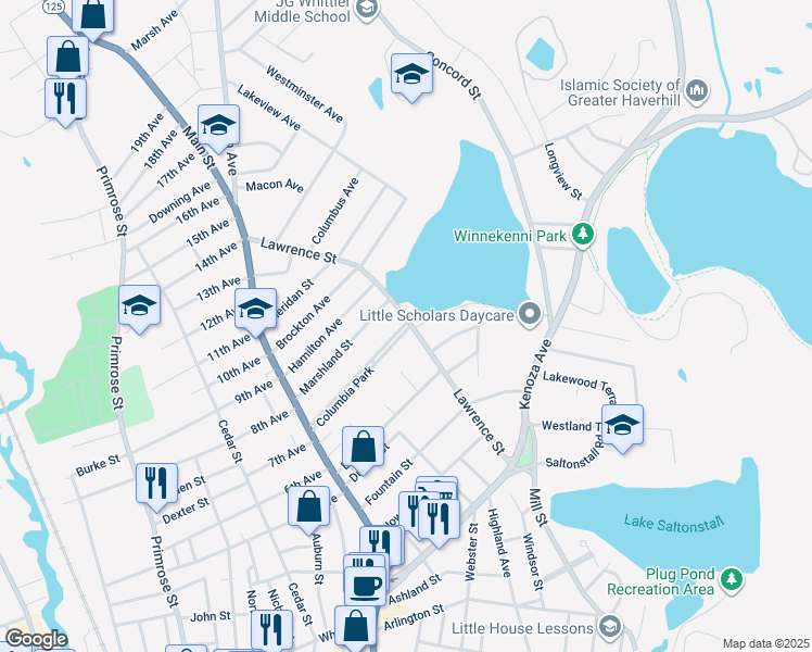 map of restaurants, bars, coffee shops, grocery stores, and more near 126 Lawrence Street in Haverhill