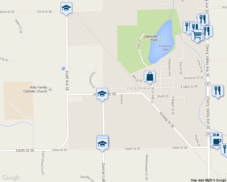 map of restaurants, bars, coffee shops, grocery stores, and more near 320 Johnson Street Southeast in Caledonia