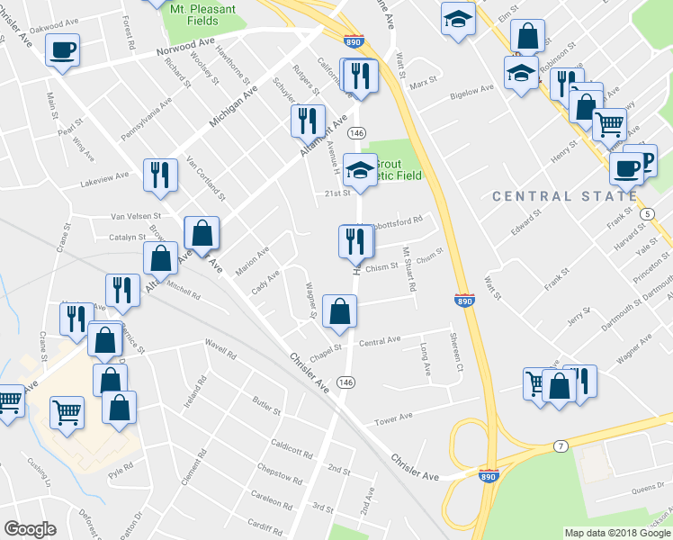 map of restaurants, bars, coffee shops, grocery stores, and more near 1940 Hamburg Street in Schenectady