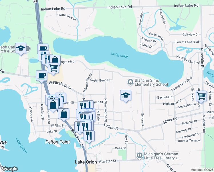 map of restaurants, bars, coffee shops, grocery stores, and more near 462 North Washington Street in Orion charter Township