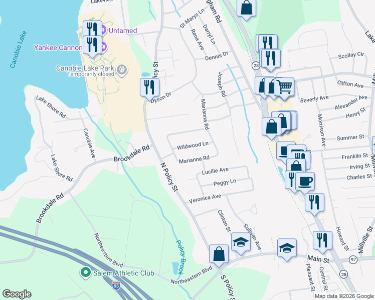 map of restaurants, bars, coffee shops, grocery stores, and more near 6 Wildwood Lane in Salem