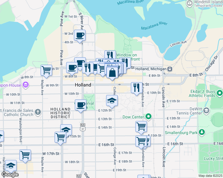 map of restaurants, bars, coffee shops, grocery stores, and more near 57 East 10th Street in Holland