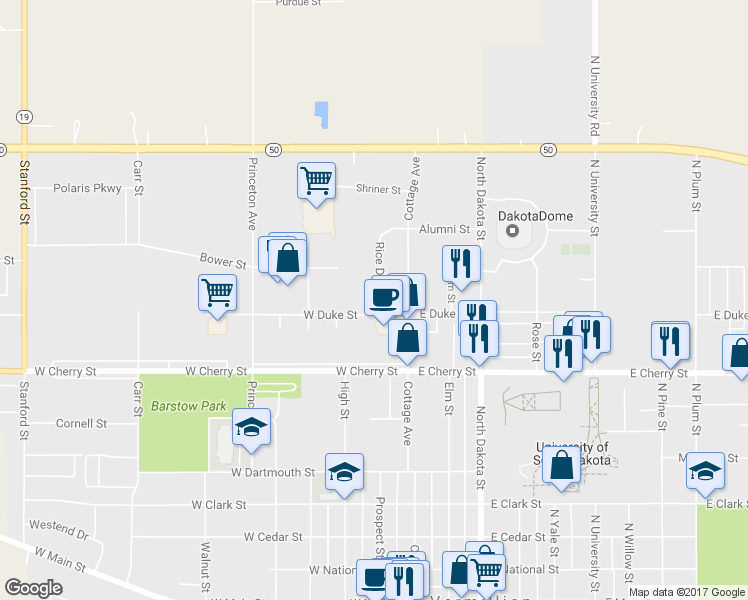 map of restaurants, bars, coffee shops, grocery stores, and more near 910 Rice Drive in Vermillion