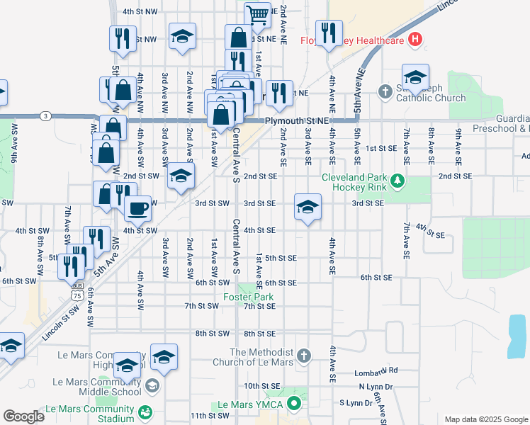 map of restaurants, bars, coffee shops, grocery stores, and more near 320 1st Avenue Southeast in Le Mars