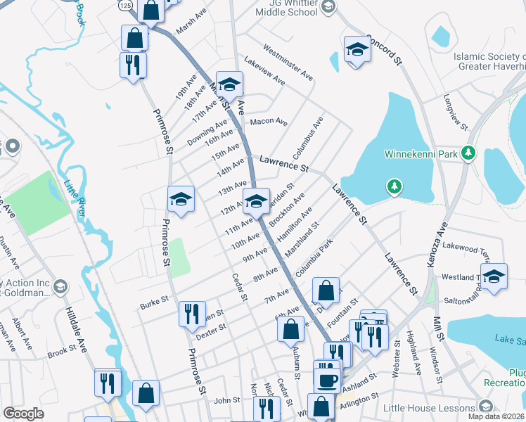 map of restaurants, bars, coffee shops, grocery stores, and more near 6 Sheridan Street in Haverhill