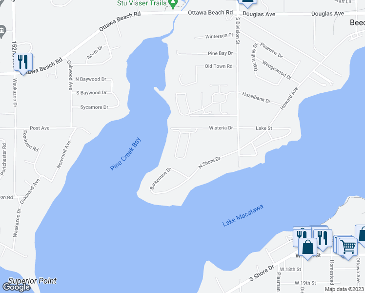 map of restaurants, bars, coffee shops, grocery stores, and more near 229 Bay Breeze Lane in Holland