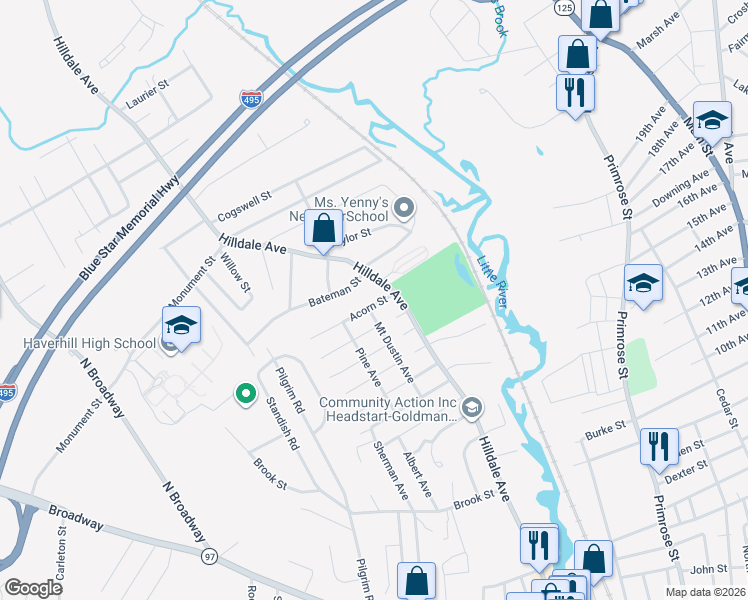 map of restaurants, bars, coffee shops, grocery stores, and more near 13 Acorn Street in Haverhill