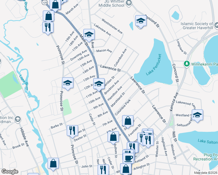map of restaurants, bars, coffee shops, grocery stores, and more near 22 Brockton Avenue in Haverhill