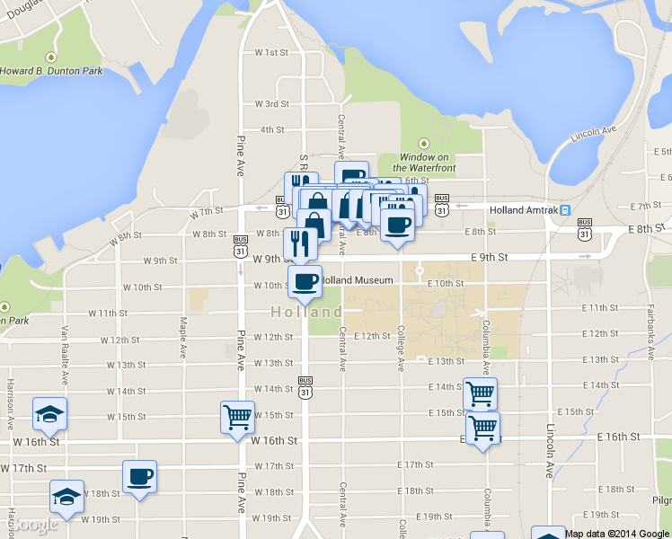 map of restaurants, bars, coffee shops, grocery stores, and more near 224 Central Ave in Holland