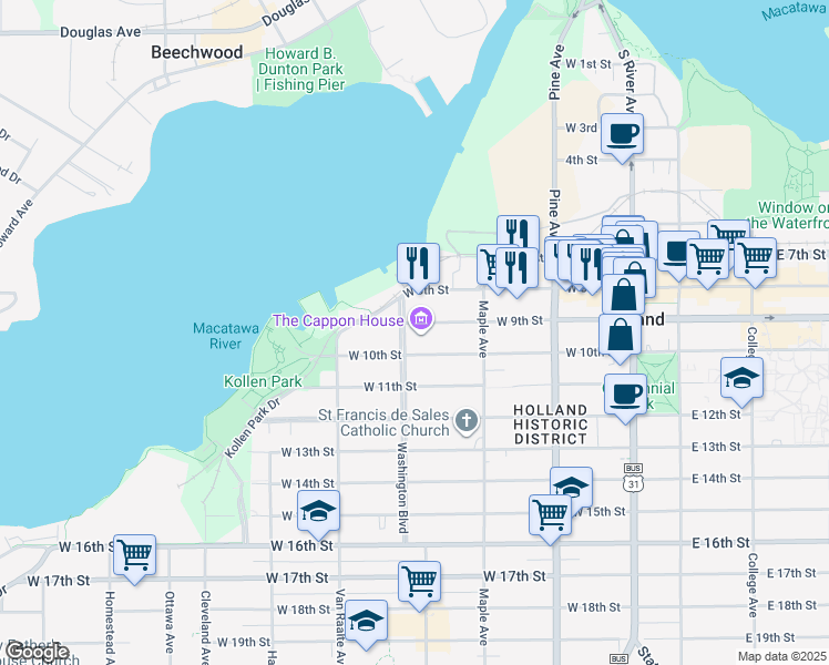 map of restaurants, bars, coffee shops, grocery stores, and more near 228 West 9th Street in Holland