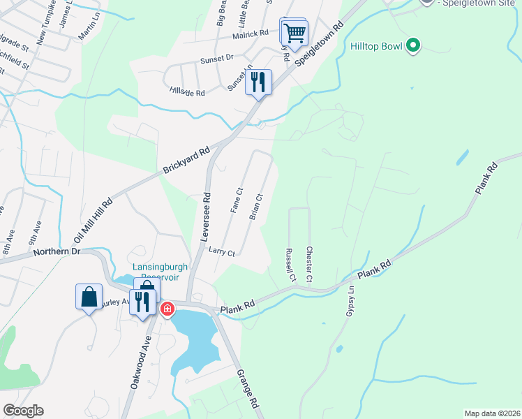 map of restaurants, bars, coffee shops, grocery stores, and more near 24 Brian Court in Troy