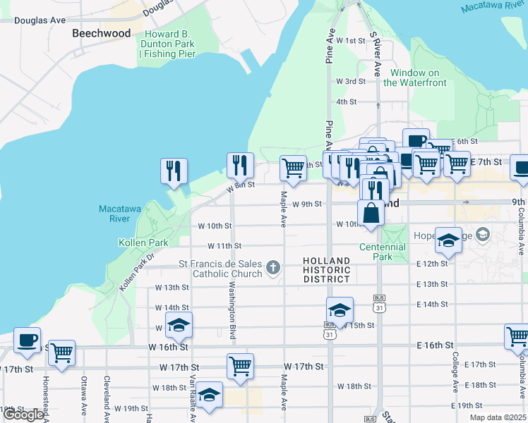 map of restaurants, bars, coffee shops, grocery stores, and more near 190 West 9th Street in Holland