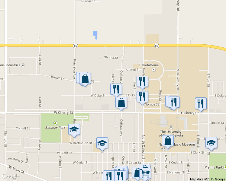 map of restaurants, bars, coffee shops, grocery stores, and more near 1021 Rice Drive in Vermillion