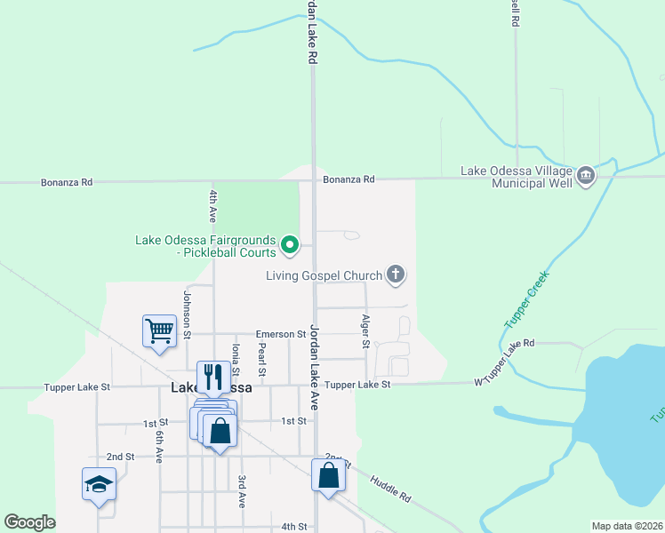map of restaurants, bars, coffee shops, grocery stores, and more near 1421 Rochester Street in Lake Odessa