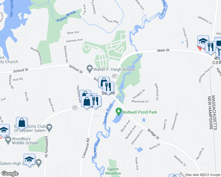 map of restaurants, bars, coffee shops, grocery stores, and more near 308 Main Street in Salem