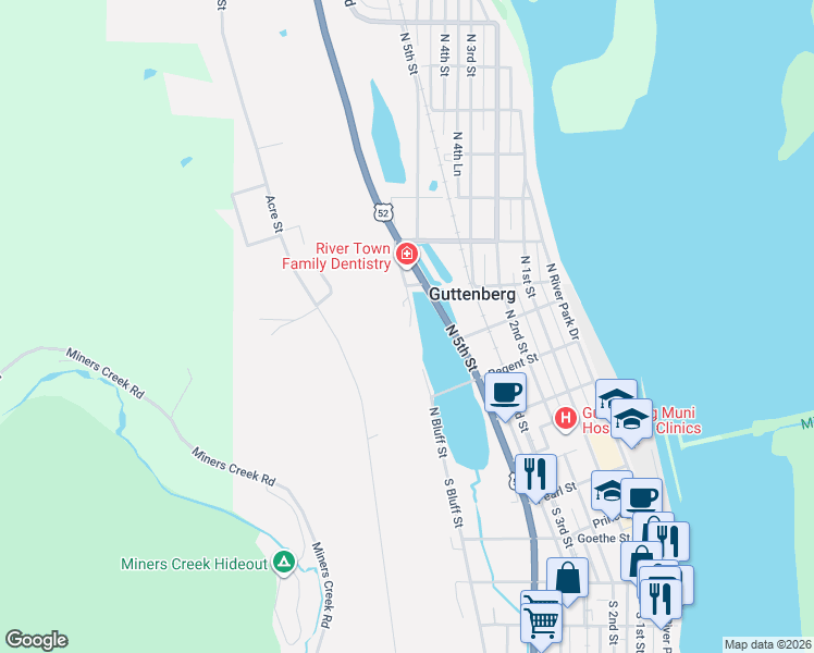map of restaurants, bars, coffee shops, grocery stores, and more near 414 North Bluff Street in Guttenberg