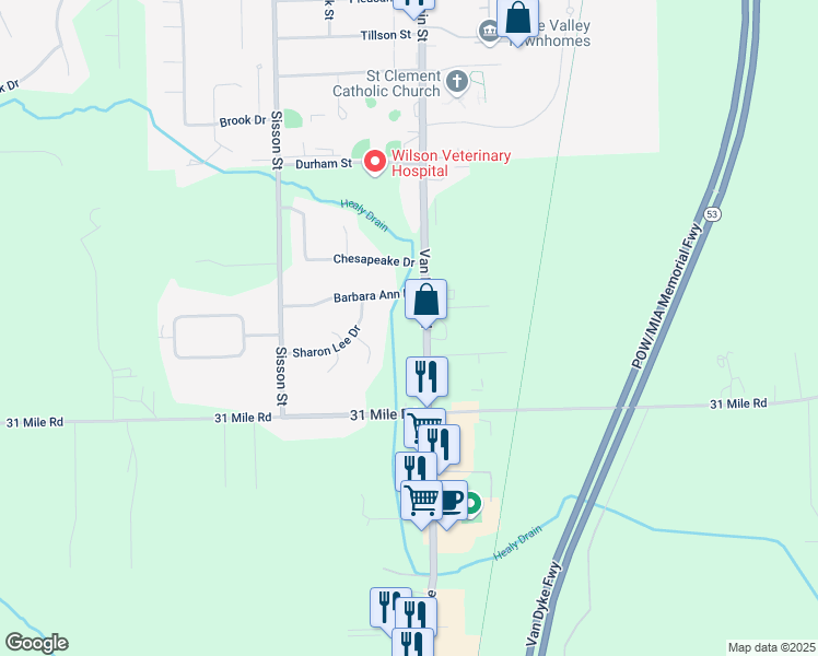 map of restaurants, bars, coffee shops, grocery stores, and more near 67343 Van Dyke in Washington
