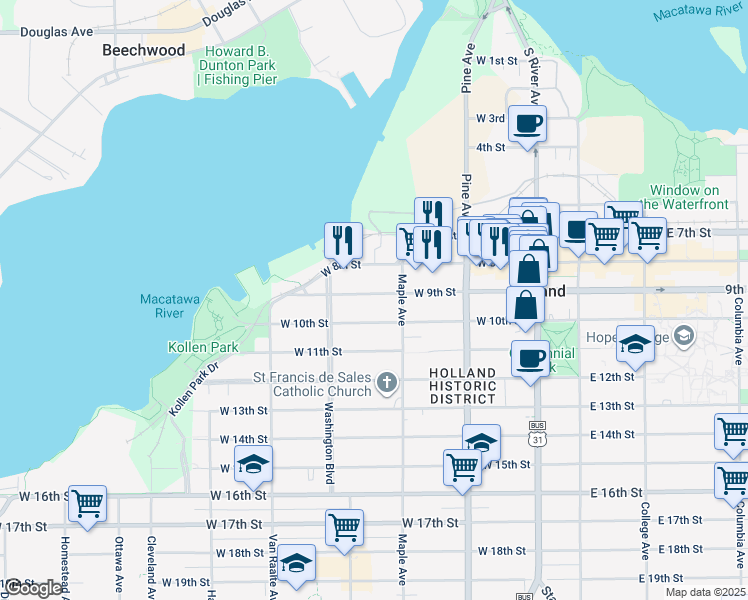 map of restaurants, bars, coffee shops, grocery stores, and more near 190 West 9th Street in Holland