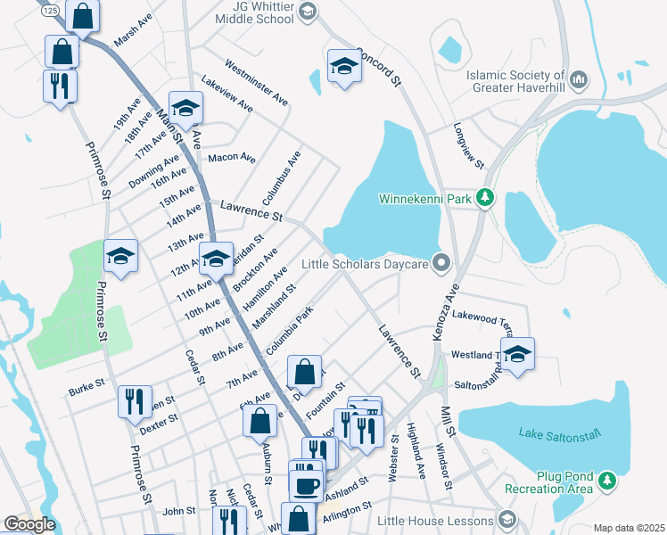 map of restaurants, bars, coffee shops, grocery stores, and more near 126 Lawrence Street in Haverhill