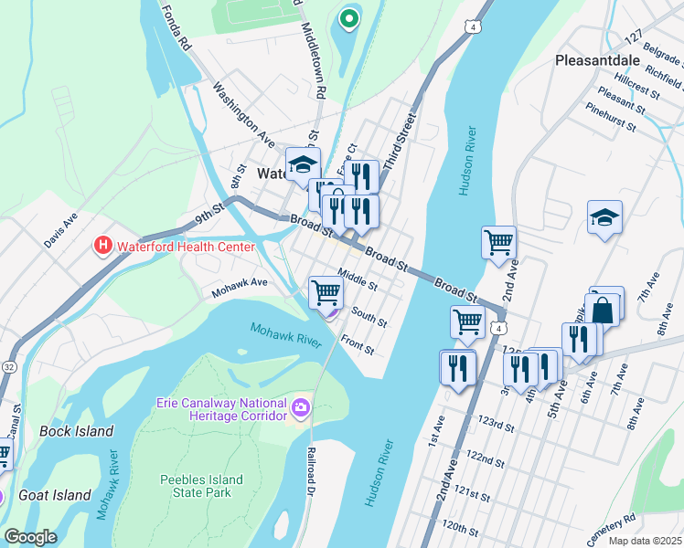 map of restaurants, bars, coffee shops, grocery stores, and more near 34 Middle Street in Waterford