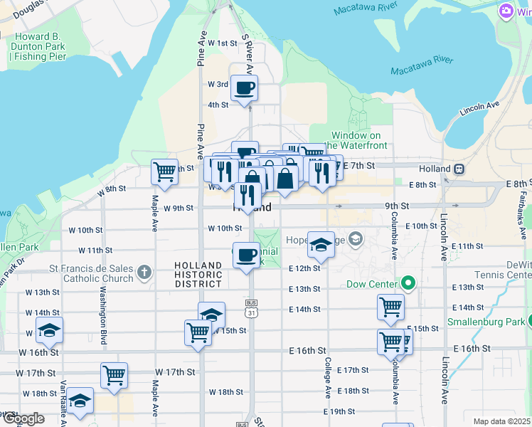 map of restaurants, bars, coffee shops, grocery stores, and more near 224 Central Avenue in Holland