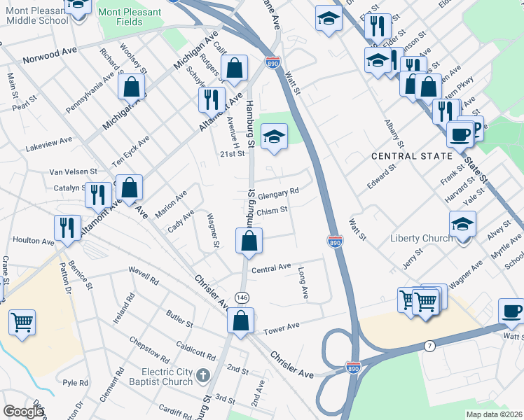 map of restaurants, bars, coffee shops, grocery stores, and more near 205 Chism Street in Schenectady