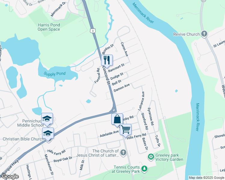 map of restaurants, bars, coffee shops, grocery stores, and more near 173 Concord Street in Nashua