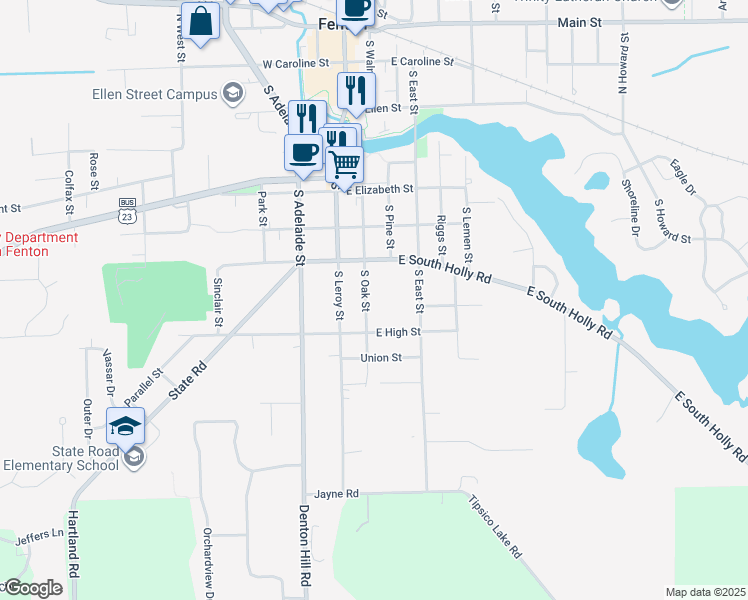 map of restaurants, bars, coffee shops, grocery stores, and more near 617 South Oak Street in Fenton