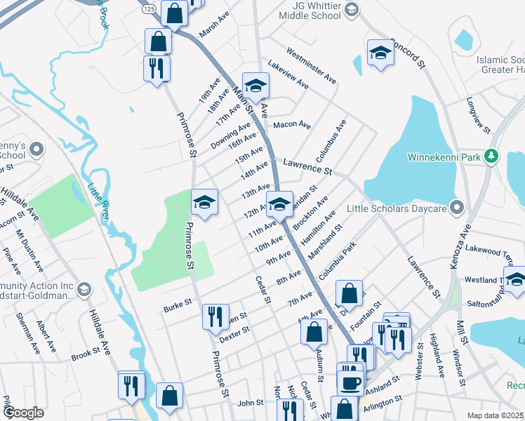 map of restaurants, bars, coffee shops, grocery stores, and more near 38 12th Avenue in Haverhill