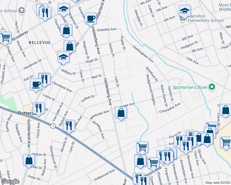 map of restaurants, bars, coffee shops, grocery stores, and more near 63 Woodlawn Street in Rotterdam
