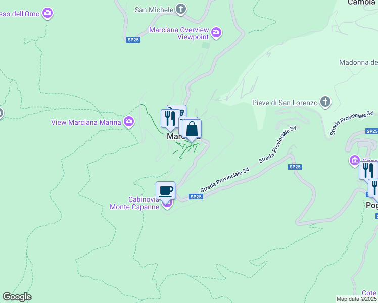 map of restaurants, bars, coffee shops, grocery stores, and more near 10 Via delle Mura in Marciana