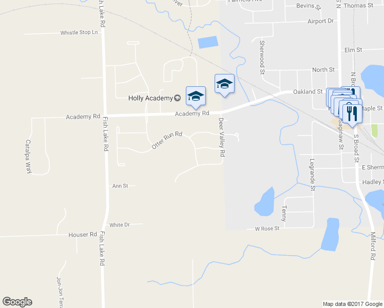 map of restaurants, bars, coffee shops, grocery stores, and more near 488 Otter Run Road in Holly