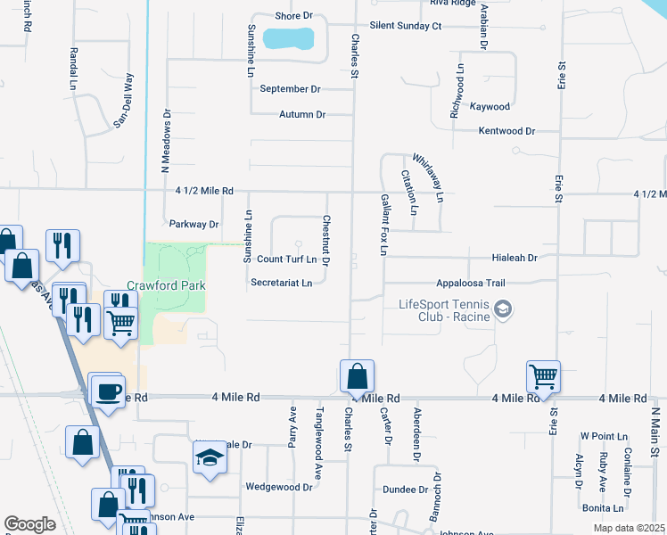 map of restaurants, bars, coffee shops, grocery stores, and more near 5304 Charles Street in Racine