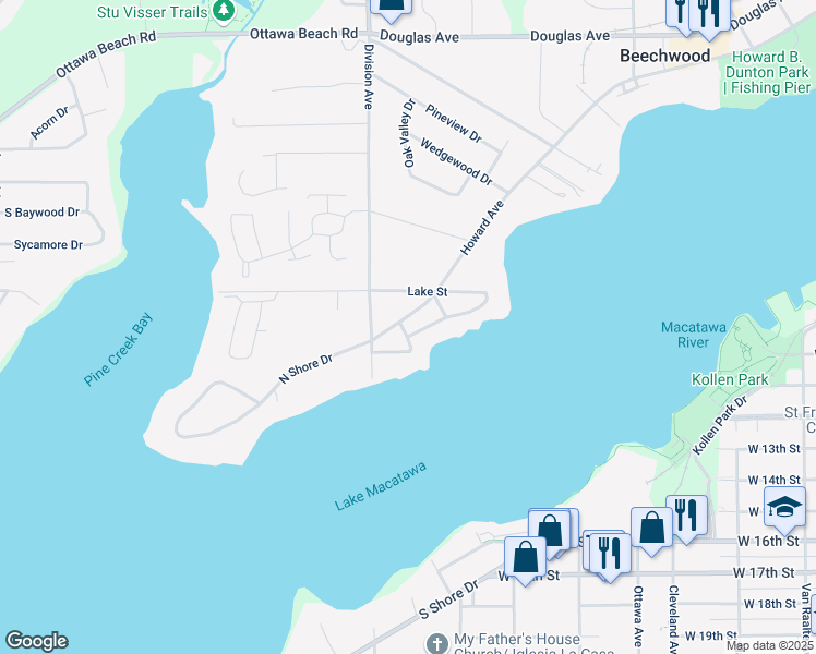 map of restaurants, bars, coffee shops, grocery stores, and more near 646 North Shore Drive in Holland