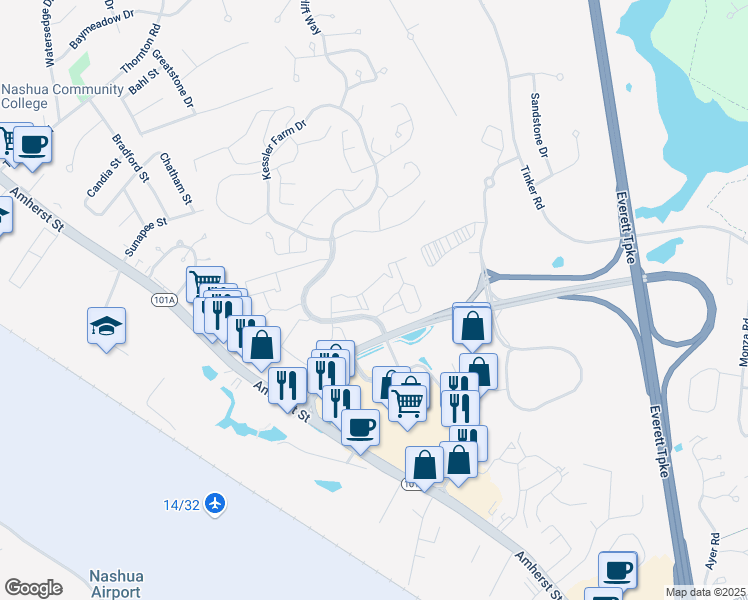 map of restaurants, bars, coffee shops, grocery stores, and more near 17 Kessler Farm Drive in Nashua