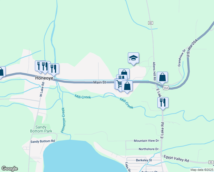 map of restaurants, bars, coffee shops, grocery stores, and more near 8601 Main Street in Honeoye