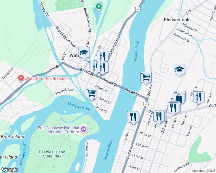 map of restaurants, bars, coffee shops, grocery stores, and more near 2 Pearl St in Waterford