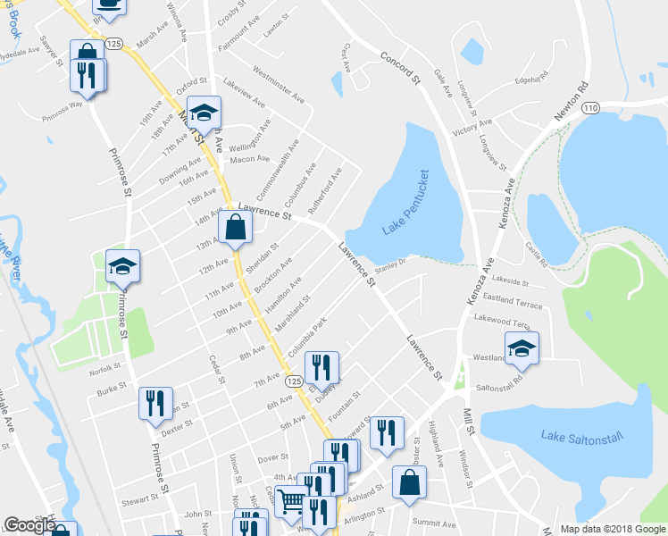 map of restaurants, bars, coffee shops, grocery stores, and more near 75 Marshland Street in Haverhill