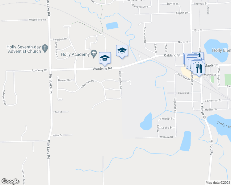 map of restaurants, bars, coffee shops, grocery stores, and more near 859 Deer Run Lake Road in Holly