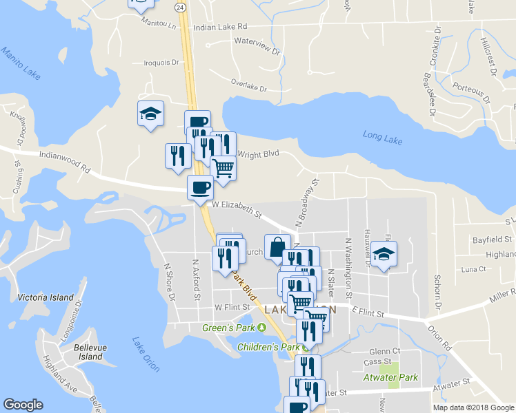 map of restaurants, bars, coffee shops, grocery stores, and more near 128 West Elizabeth Street in Orion charter Township