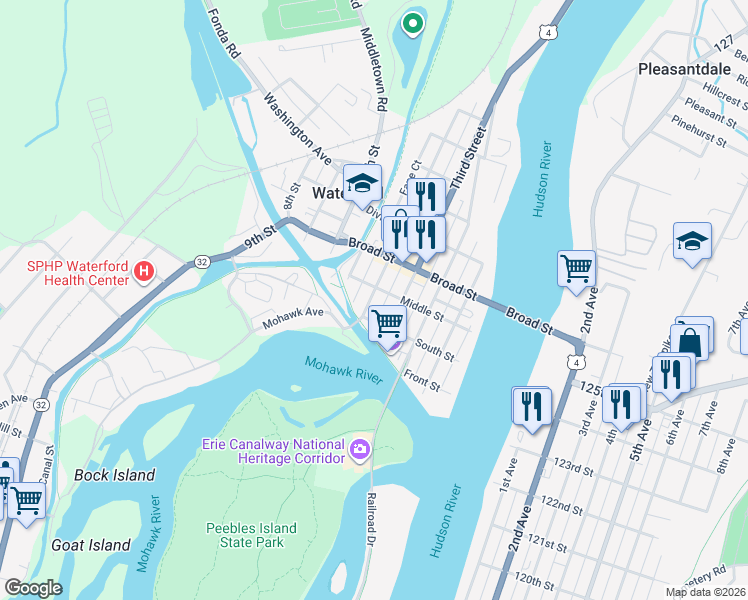 map of restaurants, bars, coffee shops, grocery stores, and more near 11 4th Street in Waterford