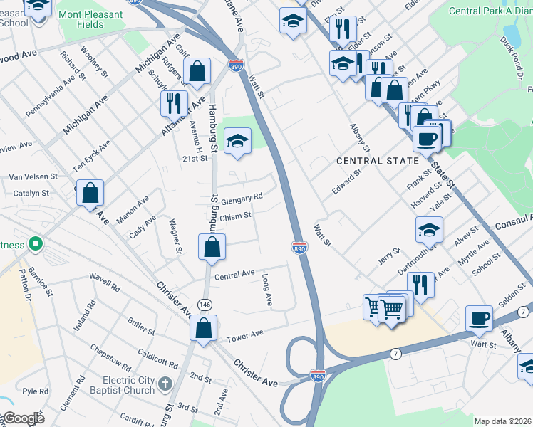 map of restaurants, bars, coffee shops, grocery stores, and more near 333 Chism Street in Schenectady