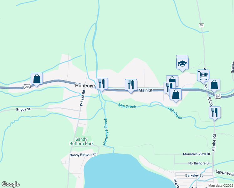 map of restaurants, bars, coffee shops, grocery stores, and more near 8673 Main Street in Honeoye