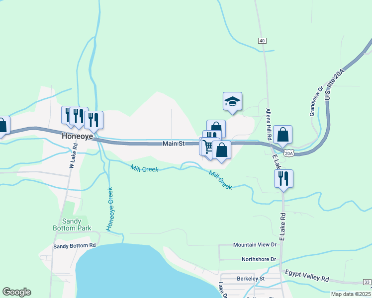 map of restaurants, bars, coffee shops, grocery stores, and more near 34 Parklawn Apts in Honeoye