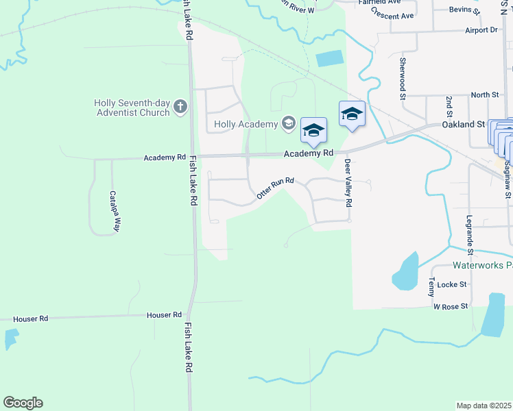 map of restaurants, bars, coffee shops, grocery stores, and more near 406 Otter Run Road in Holly