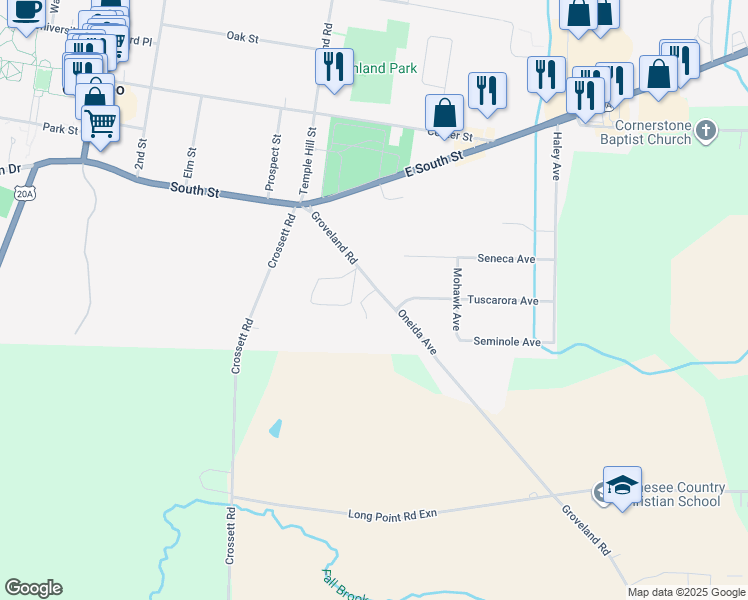 map of restaurants, bars, coffee shops, grocery stores, and more near 26 Groveland Road in Geneseo