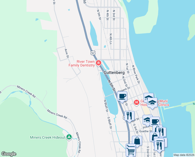 map of restaurants, bars, coffee shops, grocery stores, and more near 414 North Bluff Street in Guttenberg