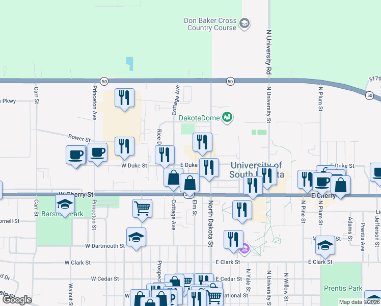 map of restaurants, bars, coffee shops, grocery stores, and more near 24 East Duke Street in Vermillion